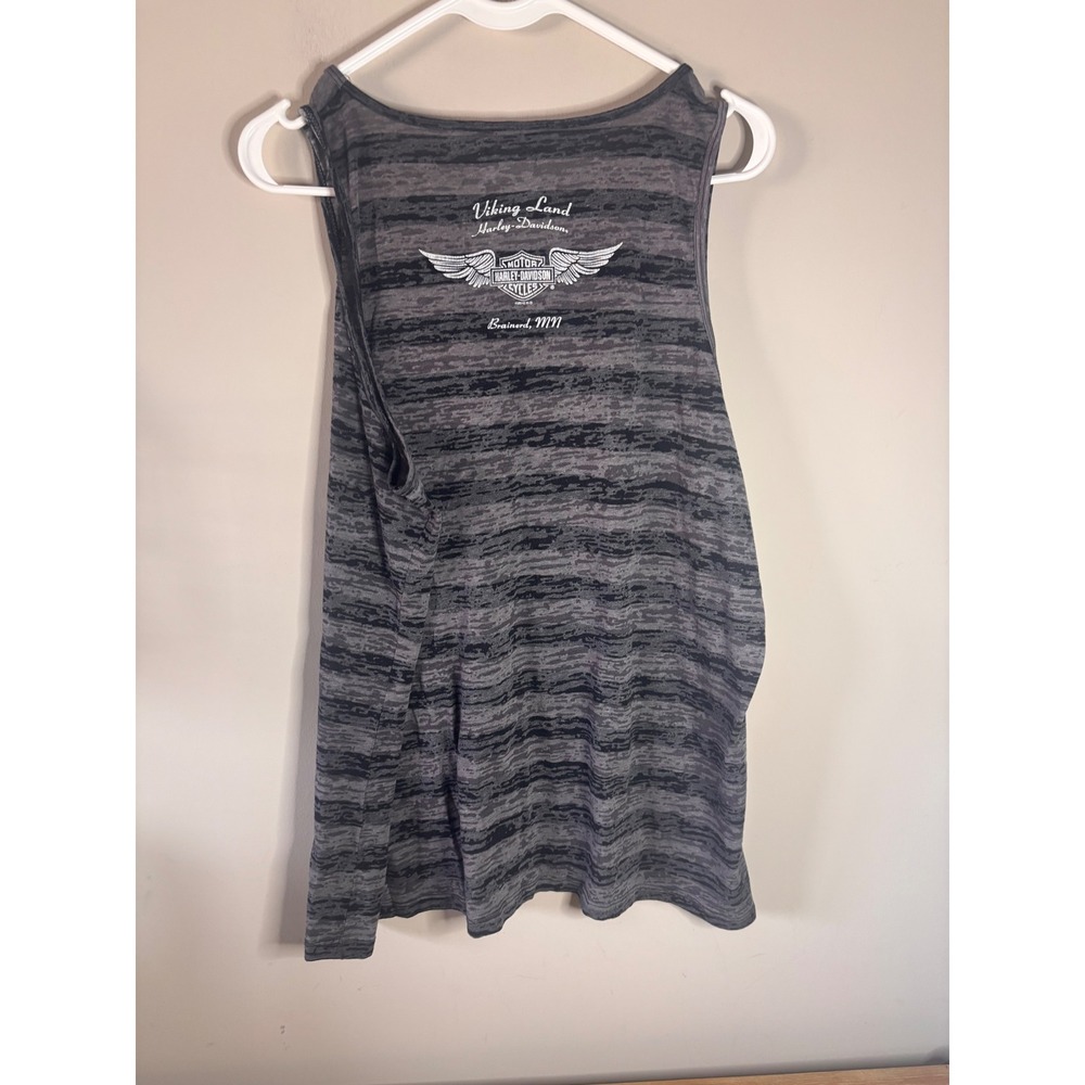 Harley Davidson Womens Tank Top 2X Gray Striped Viking Land Brainerd MN V-Neck - Picture 6 of 8